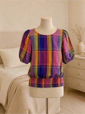 Ann Taylor Multicolor Plaid Puff-Sleeve Smocked-Hem Top